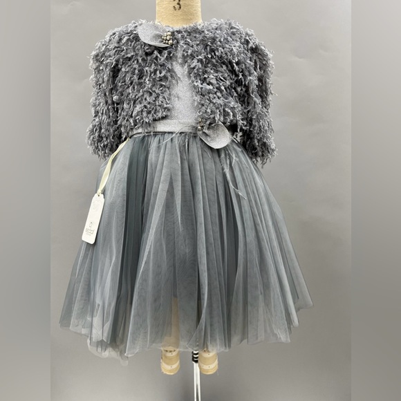 NEW- Size 4 - 3 PC DRESS JACKET & HAIRCLIP GREY TULLE & FEATHERLIKE BOLERO - Picture 2 of 3